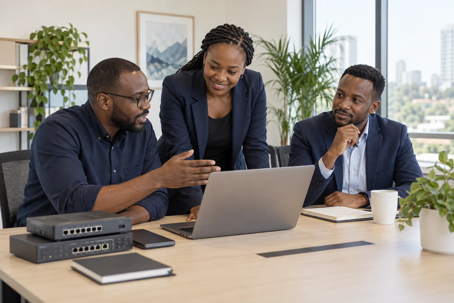 Illustrative scene of technology professionals discussing a project in a modern office