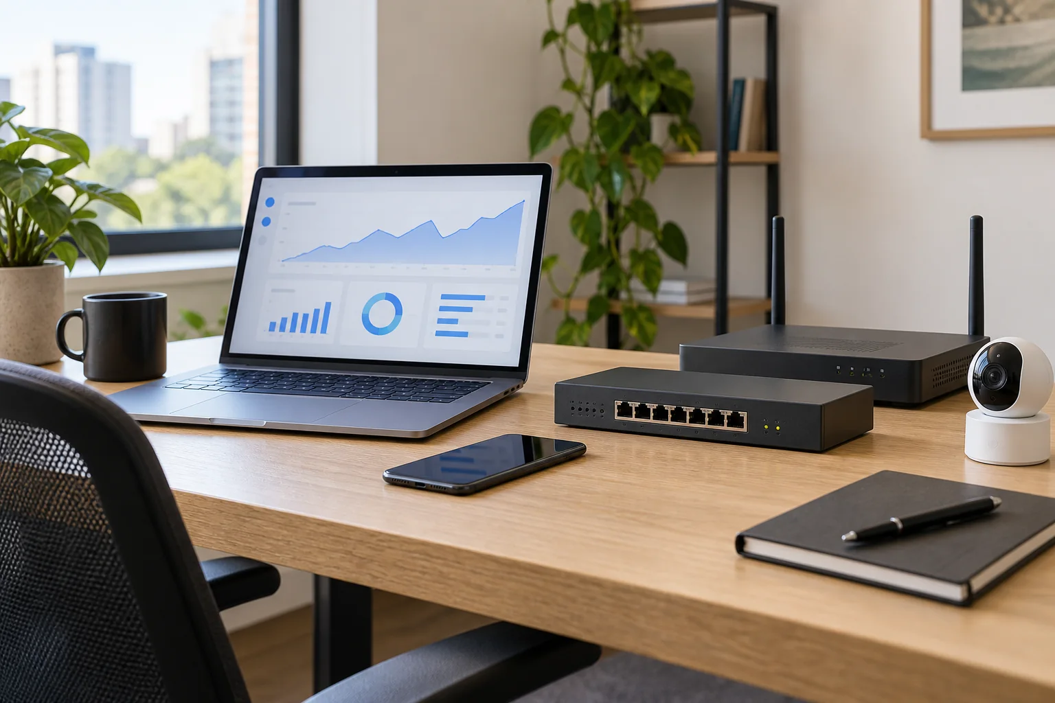 Illustrative technology workspace with laptop, network equipment, smartphone and security camera