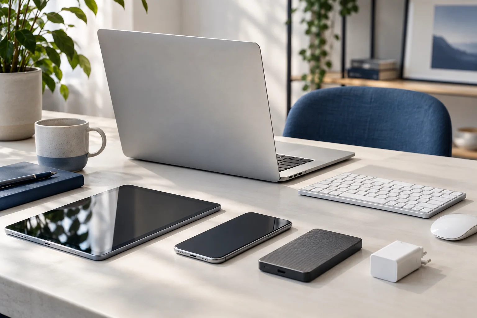 Illustrative photograph: Laptop, mobile devices and accessories on a clean display table