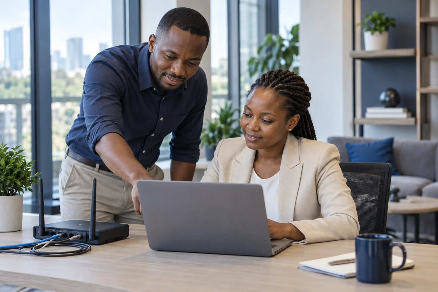 Illustrative photograph: IT technician assisting a business user with a laptop