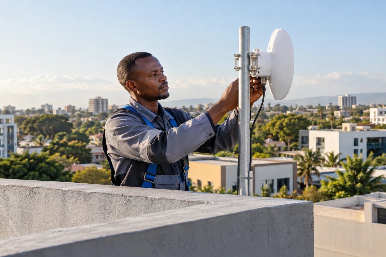 Illustrative photograph: Technician configuring outdoor radio equipment on a rooftop